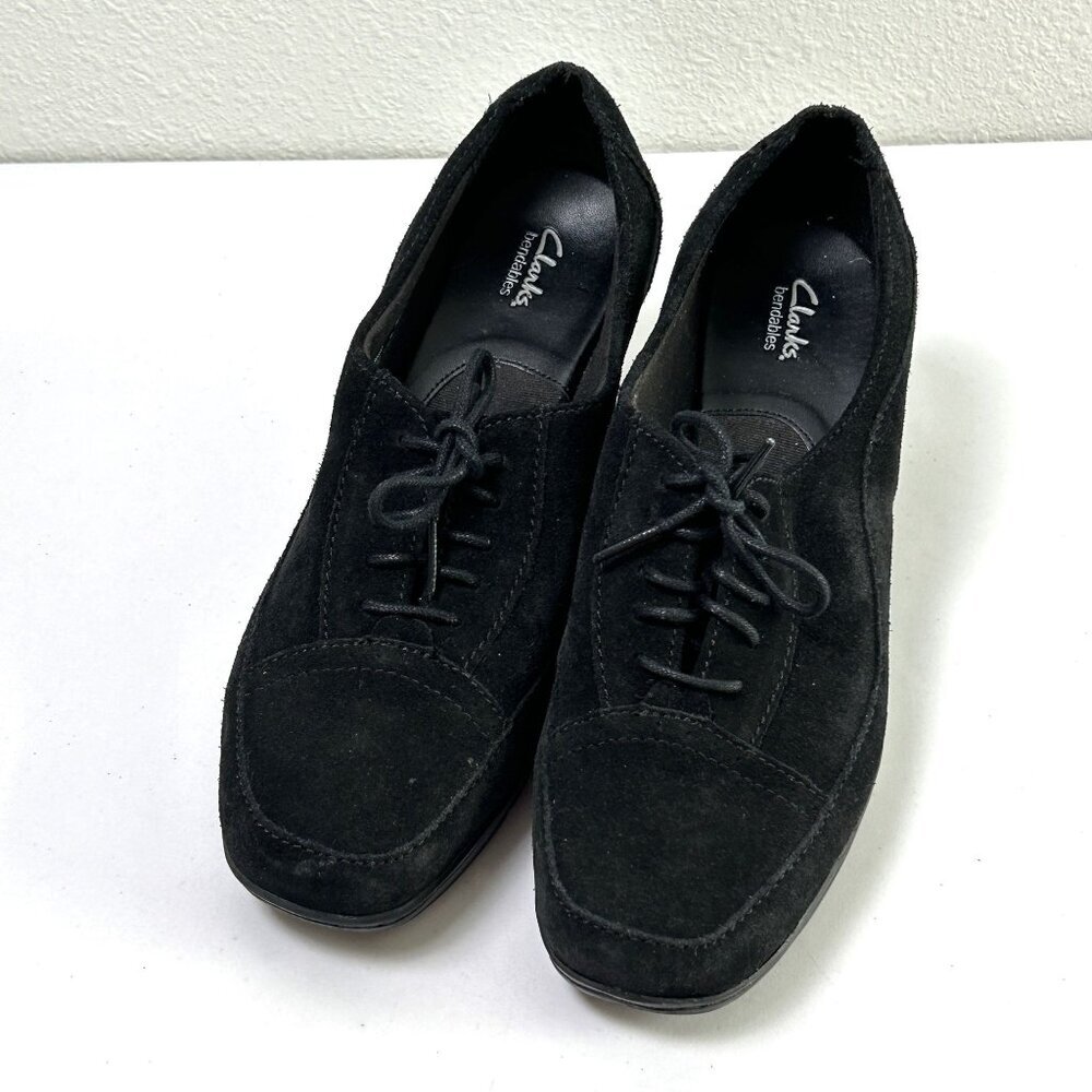 Clarks Bendables Heeled Loafers Size 10 M Black Suede‎ Leather Tie Witch 80892
